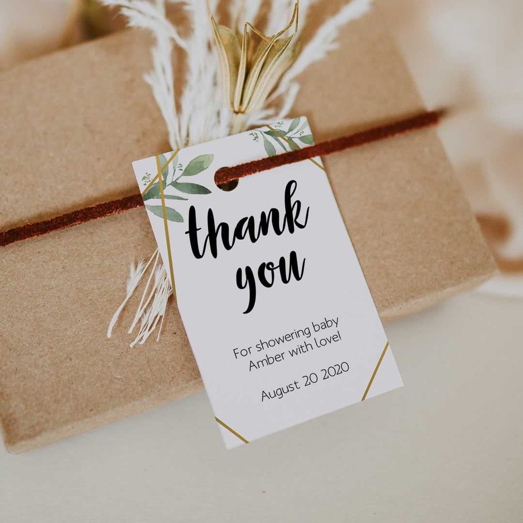 thank you baby tags, printable baby tags, editable baby thank you tags, gold geometric baby tags, greenery baby tags