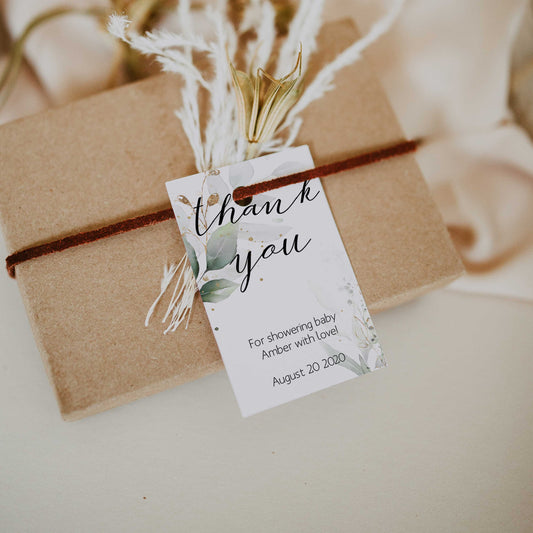 printable baby shower thank you tags, editable baby shower tags, gold leaf baby thank you tags, fun baby shower decor, baby tags
