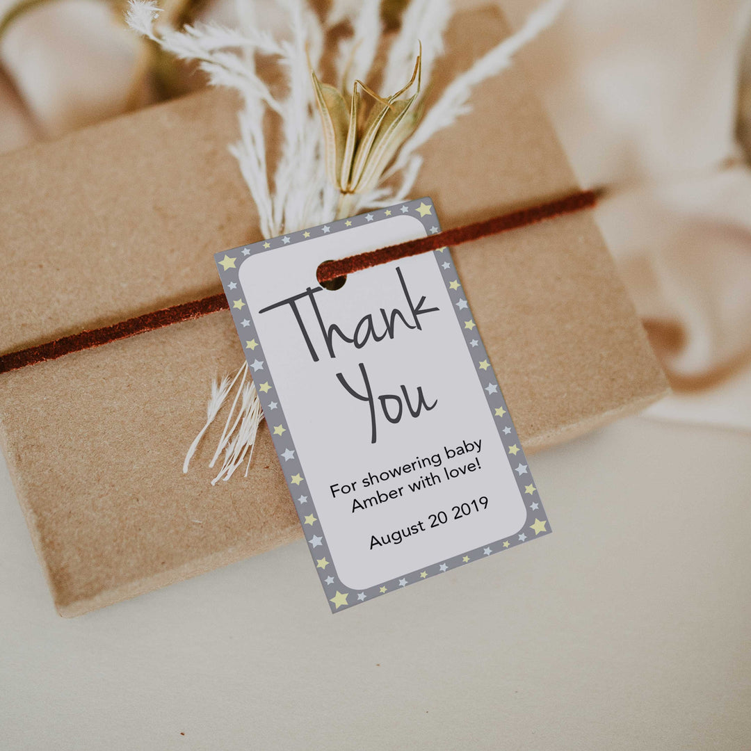 thank you baby tags, printable baby thank you tags, editable thank you tags, little star baby tags, stars baby shower decor, stars baby tags