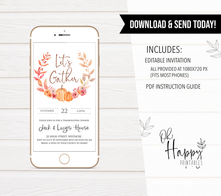 thanksgiving invitation, cell invite, einvite, thanksgiving, editable thanksgiving invite