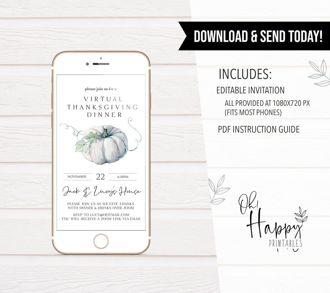 virtual thanksgiving invitation, cell invite, einvite, thanksgiving, editable thanksgiving invite