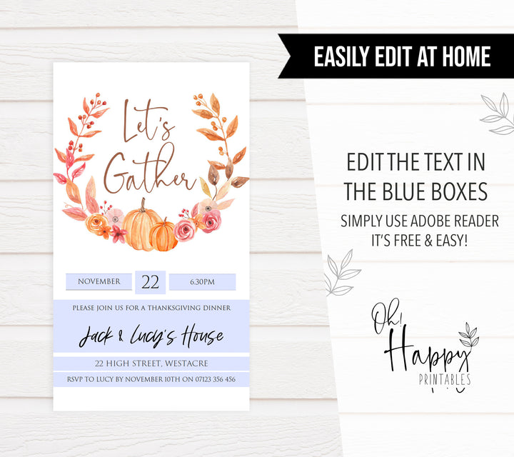 thanksgiving invitation, cell invite, einvite, thanksgiving, editable thanksgiving invite