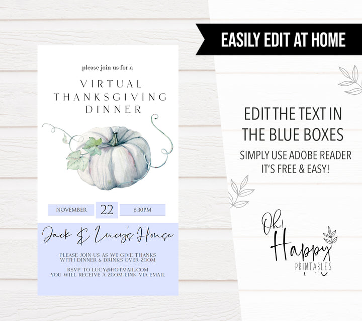 virtual thanksgiving invitation, cell invite, einvite, thanksgiving, editable thanksgiving invite