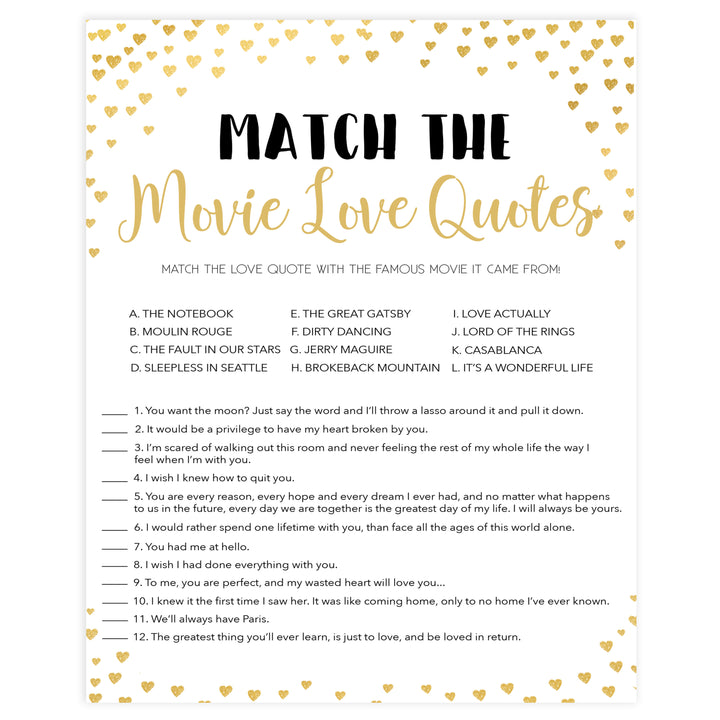 Gold hearts bridal shower games, match the movie love quotes, printable bridal games, gold bridal games, gold hearts bridal games, fun bridal games, top bridal games, best bridal games