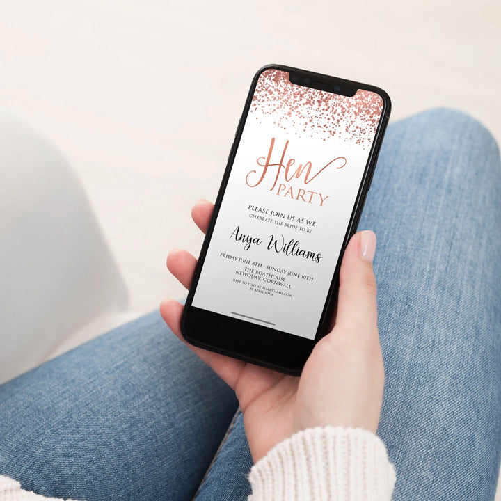 rose gold hen party invite, editable hen party invite, corjl editable invite, cell phone bridal shower invite