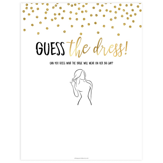 guess the dress game, guess the bridal dress, Printable bridal shower games, gold glitter bridal shower, gold glitter bridal shower games, fun bridal shower games, bridal shower game ideas, gold glitter bridal shower