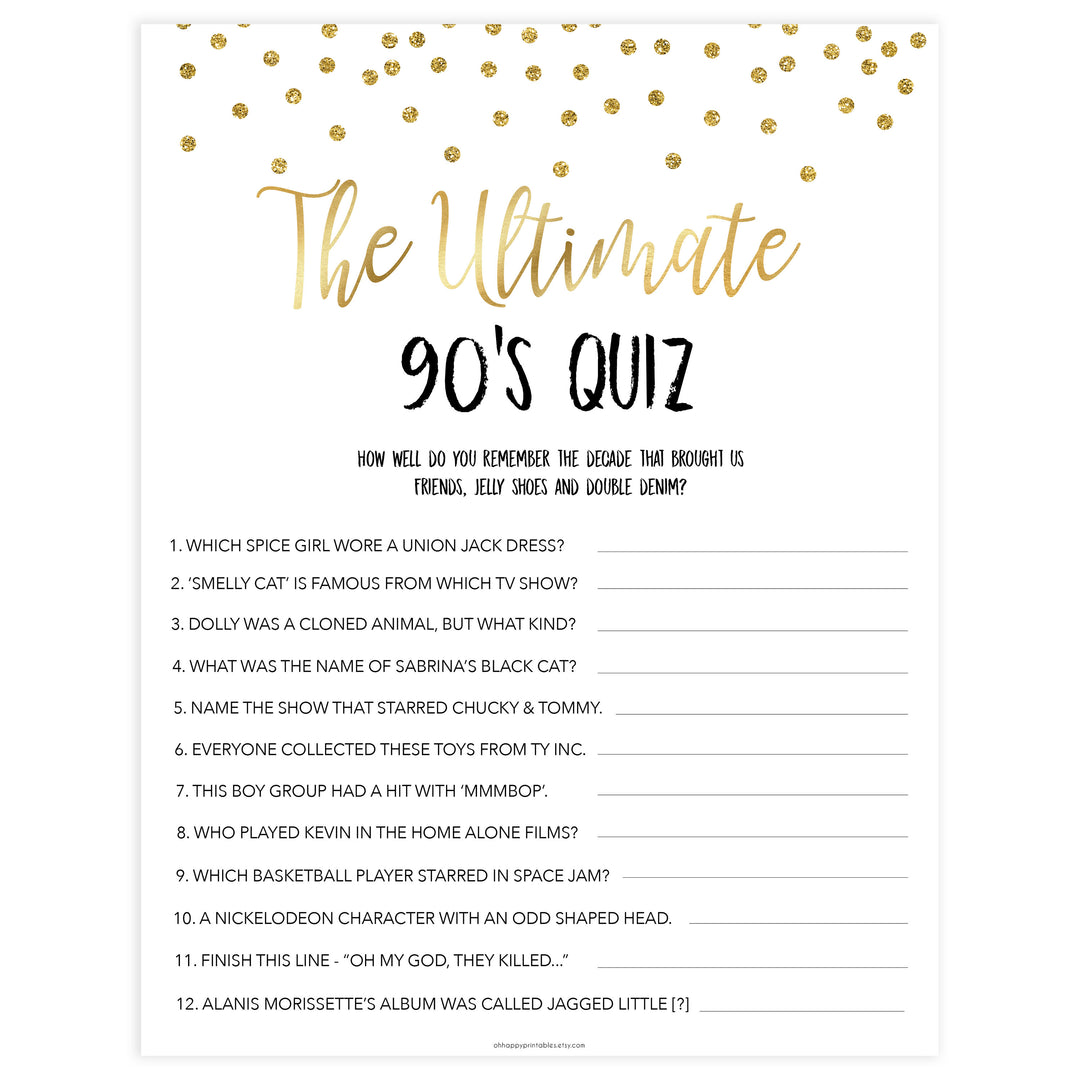 ultimate 90s quiz, bridal 90s quiz, Printable bachelorette games, gold glitter bachelorette, friends hen party games, fun hen party games, bachelorette game ideas, gold glitter adult party games, naughty hen games, naughty bachelorette games