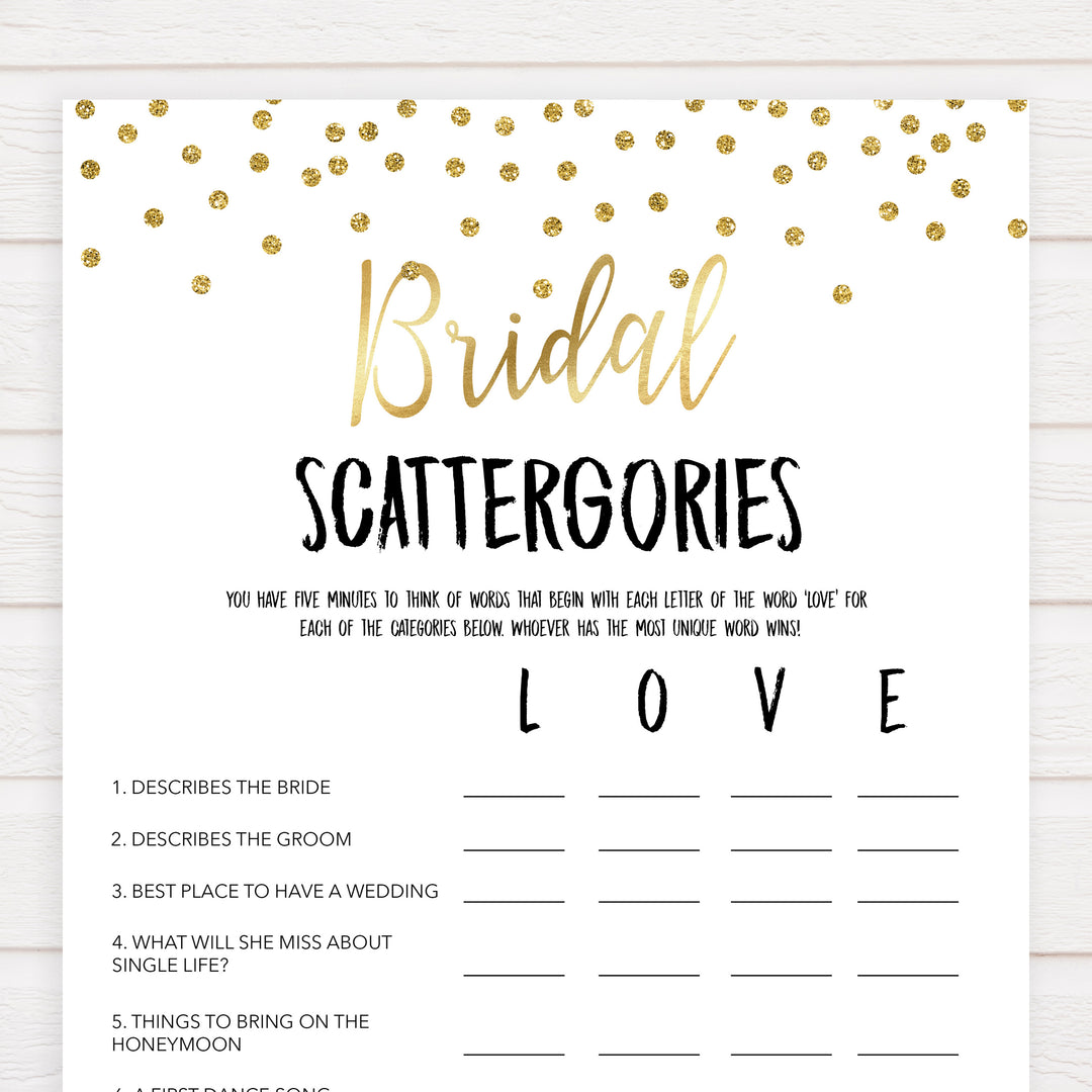 bridal scattergories game, Printable bridal shower games, gold glitter bridal shower, gold glitter bridal shower games, fun bridal shower games, bridal shower game ideas, gold glitter bridal shower