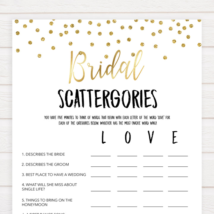 bridal scattergories game, Printable bridal shower games, gold glitter bridal shower, gold glitter bridal shower games, fun bridal shower games, bridal shower game ideas, gold glitter bridal shower