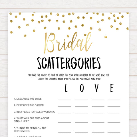 bridal scattergories game, Printable bridal shower games, gold glitter bridal shower, gold glitter bridal shower games, fun bridal shower games, bridal shower game ideas, gold glitter bridal shower