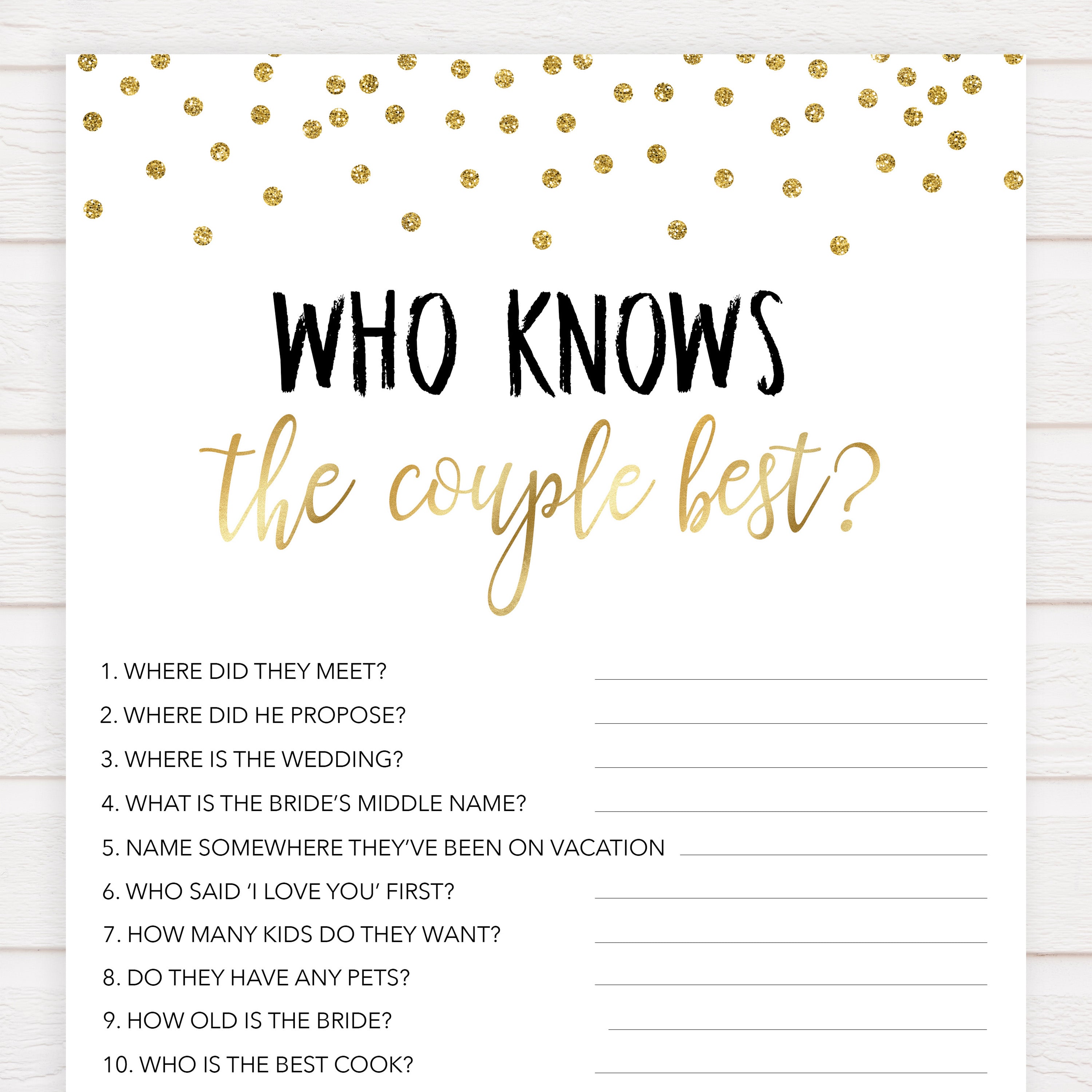 who knows the couple best game, Printable bridal shower games, gold glitter bridal shower, gold glitter bridal shower games, fun bridal shower games, bridal shower game ideas, gold glitter bridal shower
