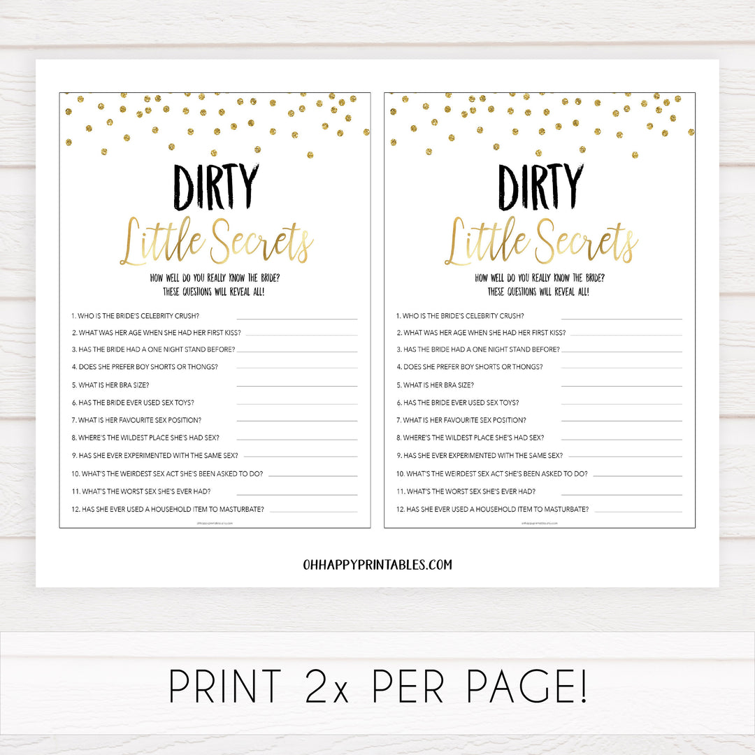 dirty little secrets bridal game, Printable bachelorette games, gold glitter bachelorette, friends hen party games, fun hen party games, bachelorette game ideas, gold glitter adult party games, naughty hen games, naughty bachelorette games