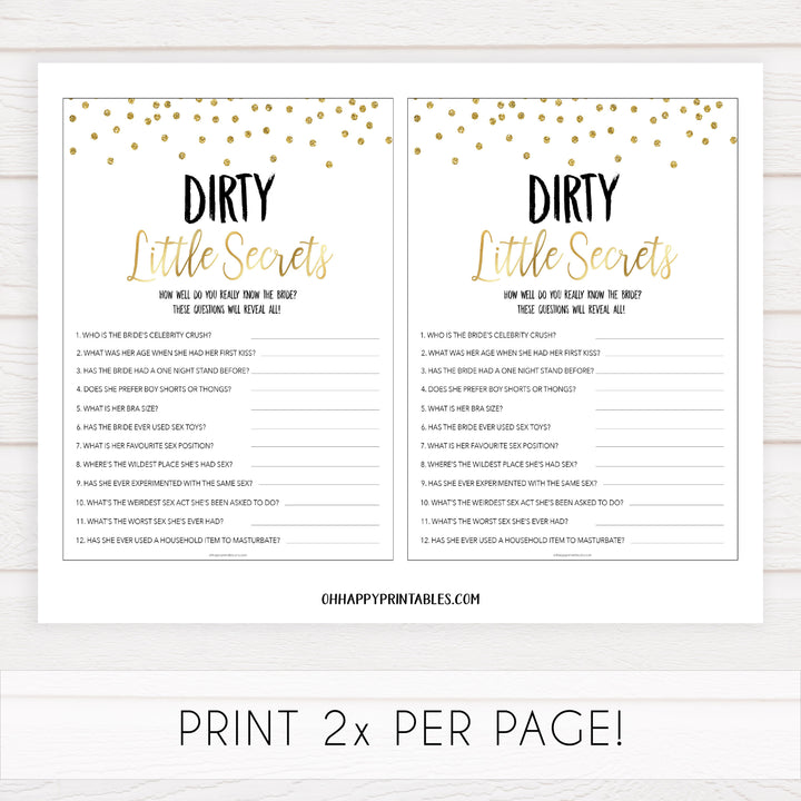 dirty little secrets bridal game, Printable bachelorette games, gold glitter bachelorette, friends hen party games, fun hen party games, bachelorette game ideas, gold glitter adult party games, naughty hen games, naughty bachelorette games