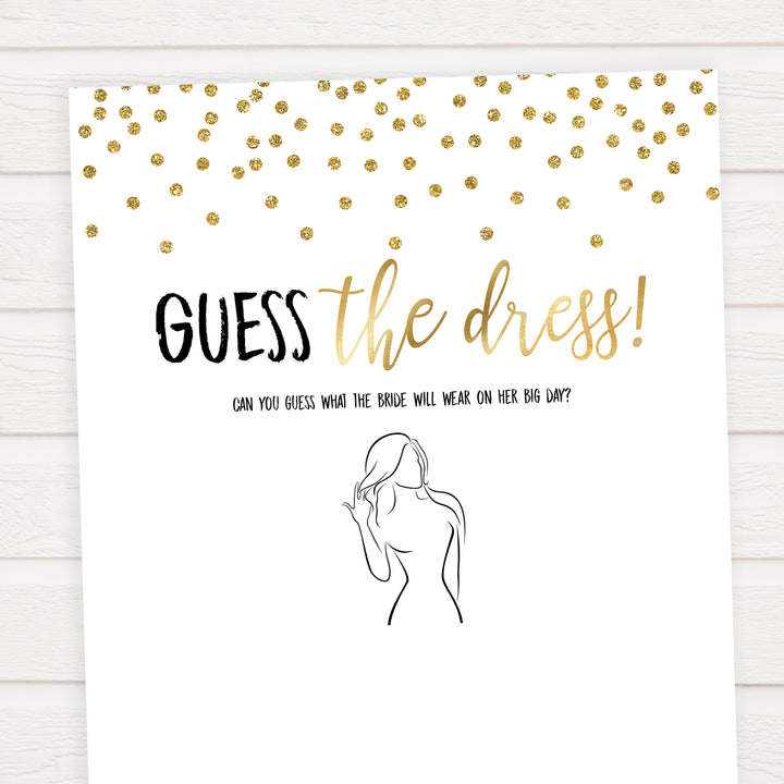 guess the dress game, guess the bridal dress, Printable bridal shower games, gold glitter bridal shower, gold glitter bridal shower games, fun bridal shower games, bridal shower game ideas, gold glitter bridal shower