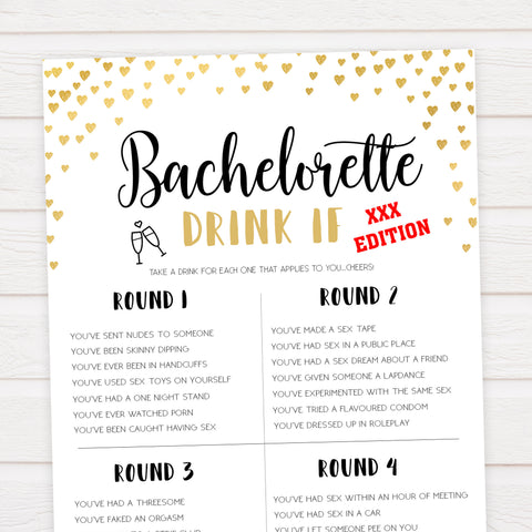 Gold hearts bachelorette games, xxx bachelorette drink if game, printable bachelorette games, hen party games, top party games, fun bridal shower games, bachelorette party games