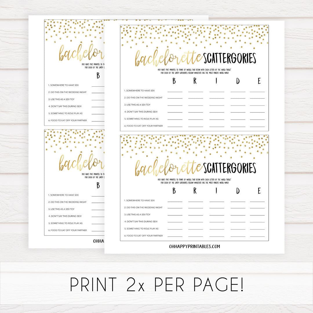 bachelorette scattergories game, Printable bachelorette games, gold glitter bachelorette, friends hen party games, fun hen party games, bachelorette game ideas, gold glitter adult party games, naughty hen games, naughty bachelorette games