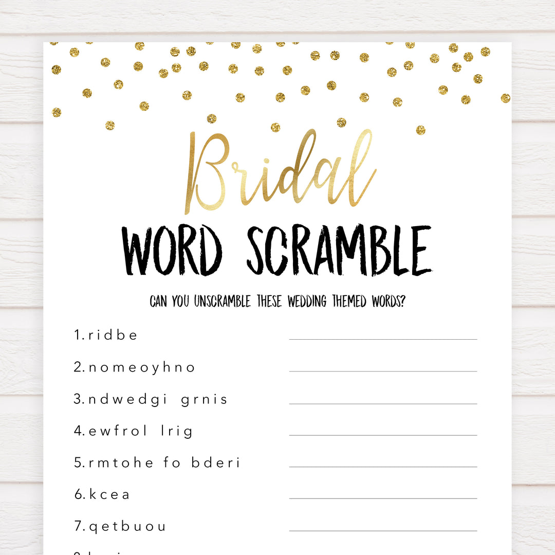 bridal word scramble game, Printable bridal shower games, gold glitter bridal shower, gold glitter bridal shower games, fun bridal shower games, bridal shower game ideas, gold glitter bridal shower