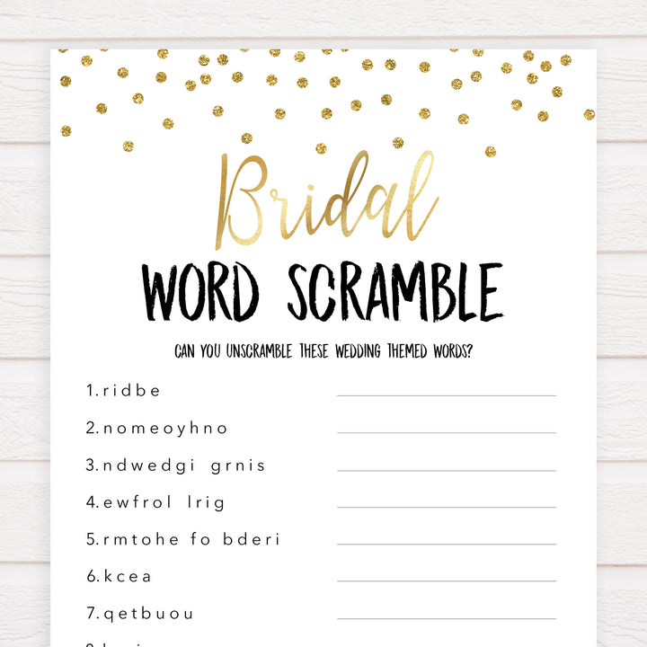 bridal word scramble game, Printable bridal shower games, gold glitter bridal shower, gold glitter bridal shower games, fun bridal shower games, bridal shower game ideas, gold glitter bridal shower