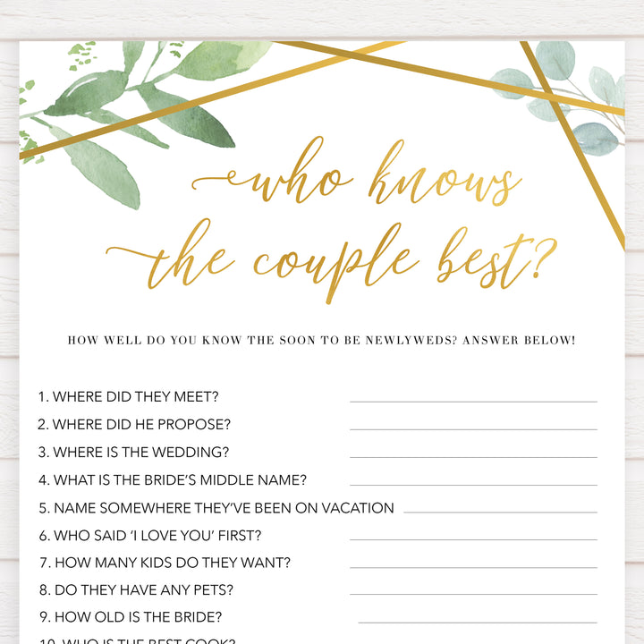 who knows the couple best game, printable baby shower games, floral bridal shower games, gold bridal shower games, bridal shower games