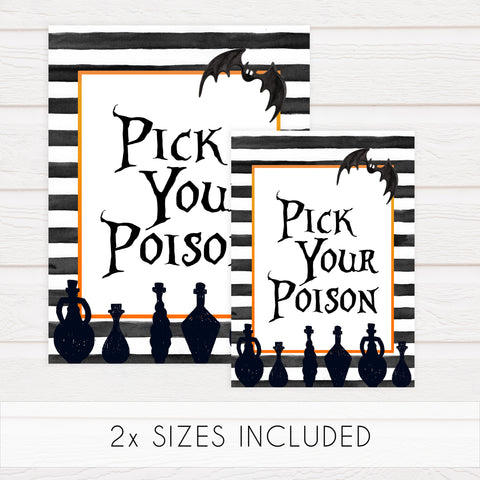 pick your poison halloween table signs, printable halloween table signs, spooky halloween decor, halloween decor