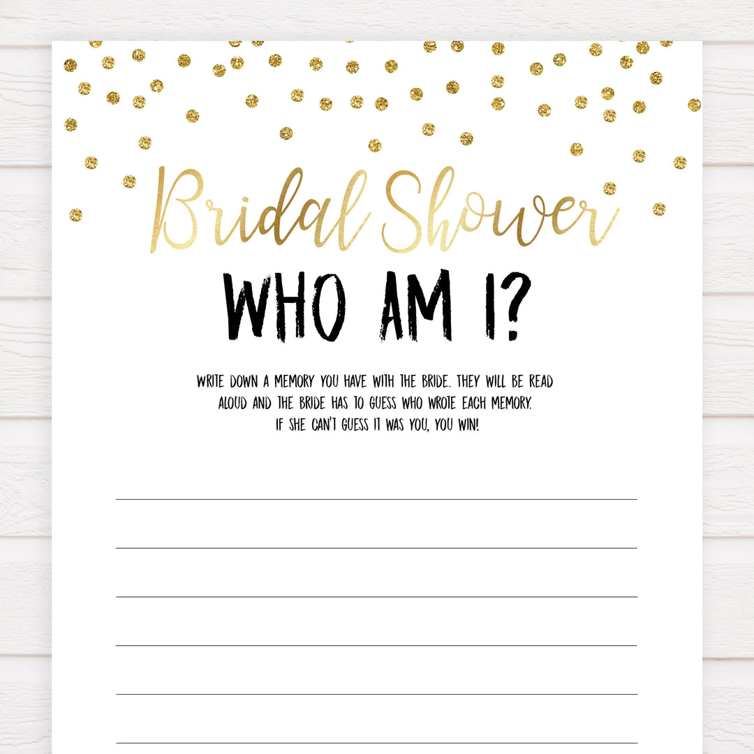 bridal who am i game, Printable bridal shower games, gold glitter bridal shower, gold glitter bridal shower games, fun bridal shower games, bridal shower game ideas, gold glitter bridal shower