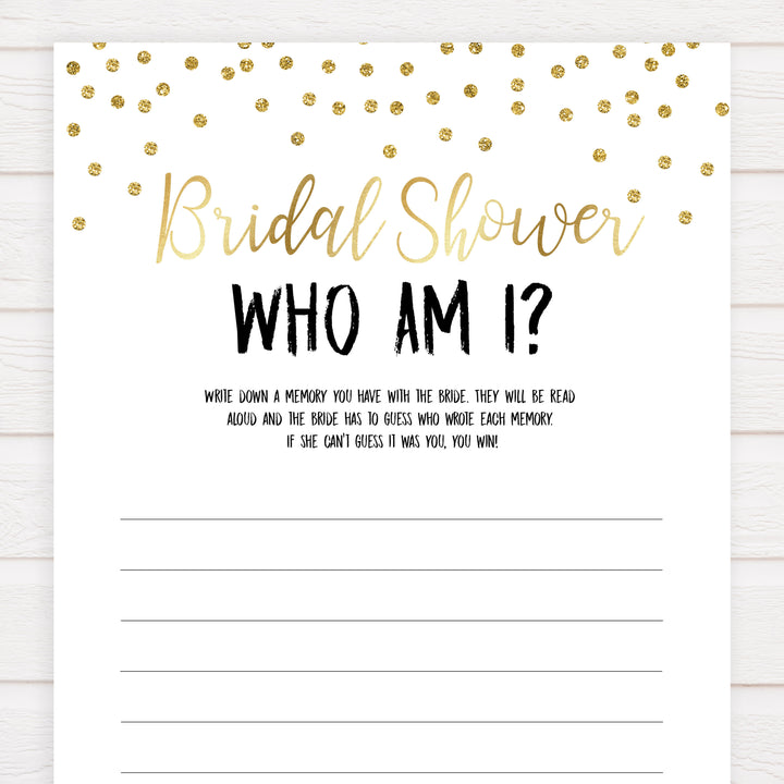 bridal who am i game, Printable bridal shower games, gold glitter bridal shower, gold glitter bridal shower games, fun bridal shower games, bridal shower game ideas, gold glitter bridal shower