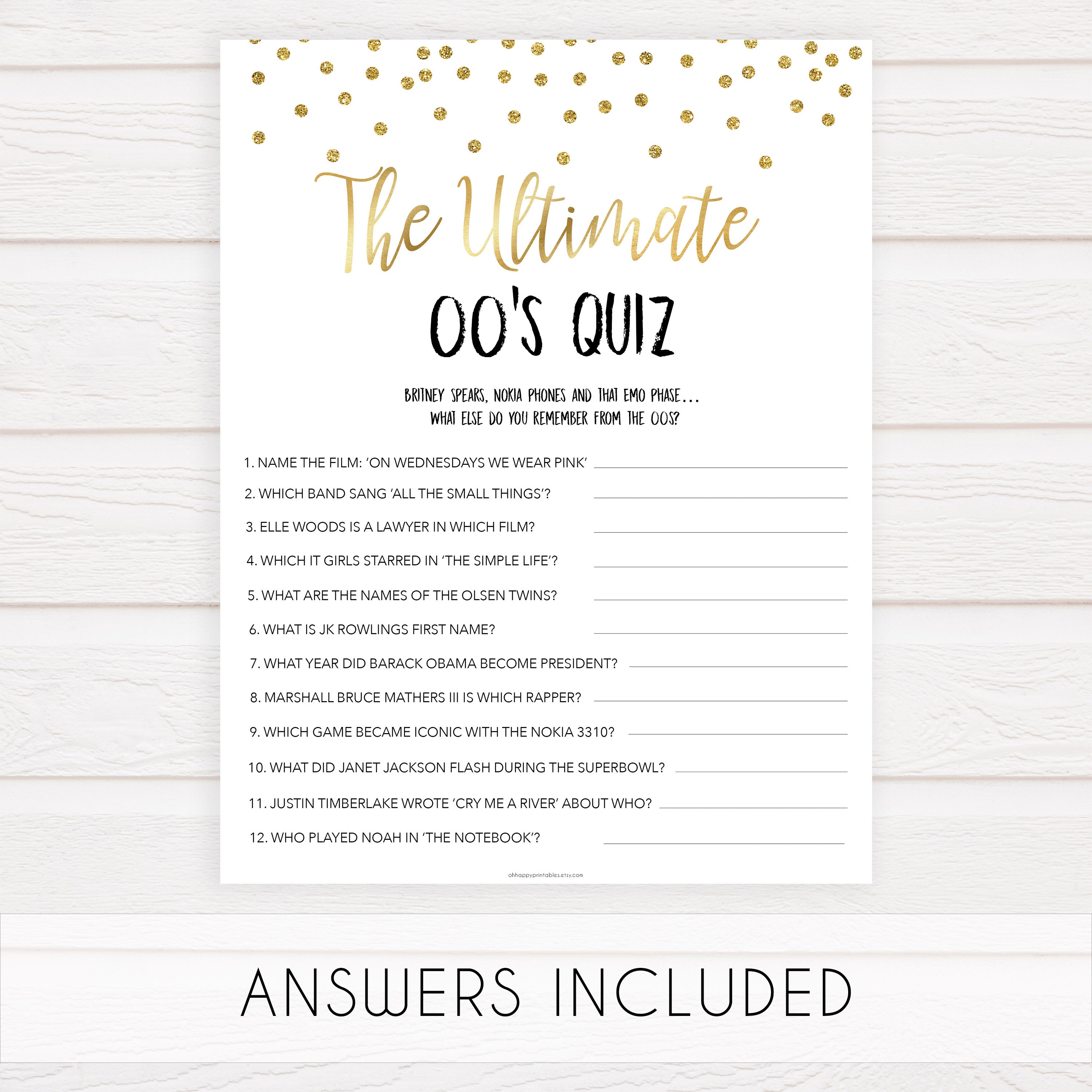 ultimate 00s quiz game, Printable bachelorette games, gold glitter bachelorette, friends hen party games, fun hen party games, bachelorette game ideas, gold glitter adult party games, naughty hen games, naughty bachelorette games
