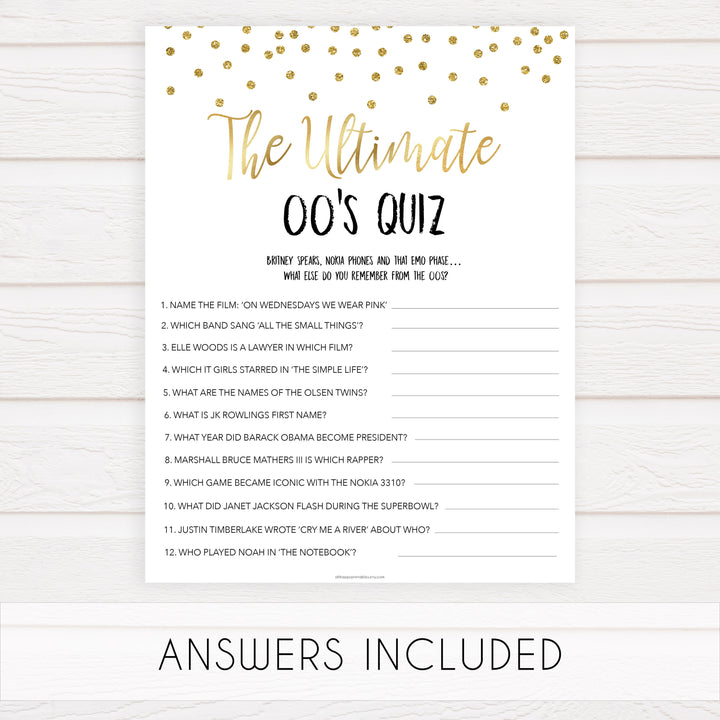 ultimate 00s quiz game, Printable bachelorette games, gold glitter bachelorette, friends hen party games, fun hen party games, bachelorette game ideas, gold glitter adult party games, naughty hen games, naughty bachelorette games