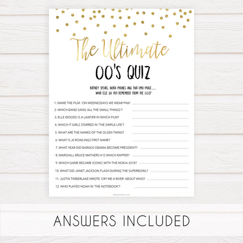 ultimate 00s quiz game, Printable bachelorette games, gold glitter bachelorette, friends hen party games, fun hen party games, bachelorette game ideas, gold glitter adult party games, naughty hen games, naughty bachelorette games