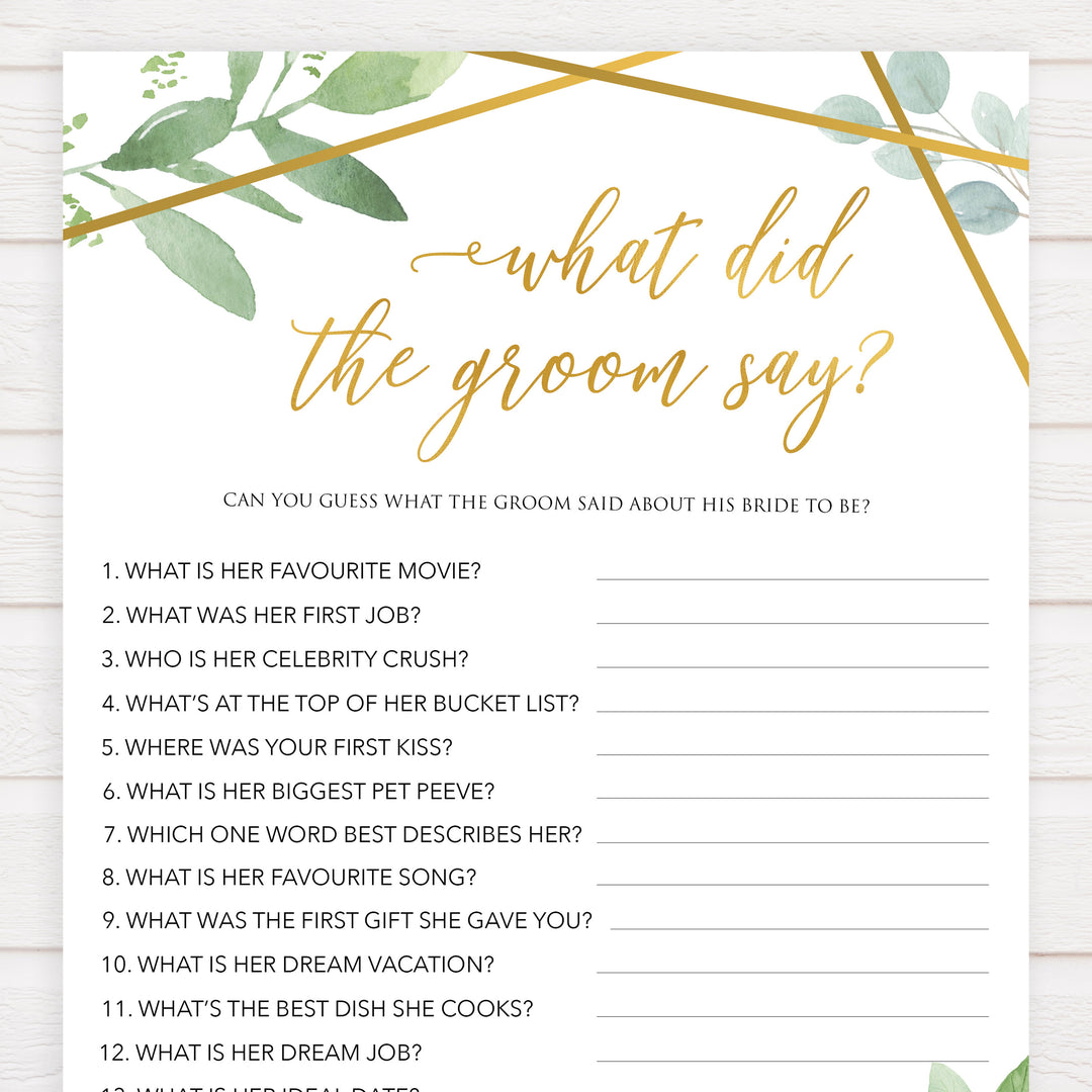 what did the groom say game, bridal shower games, floral bridal shower games, gold bridal shower games, printable baby shower games