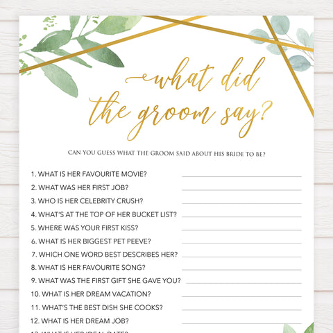 what did the groom say game, bridal shower games, floral bridal shower games, gold bridal shower games, printable baby shower games