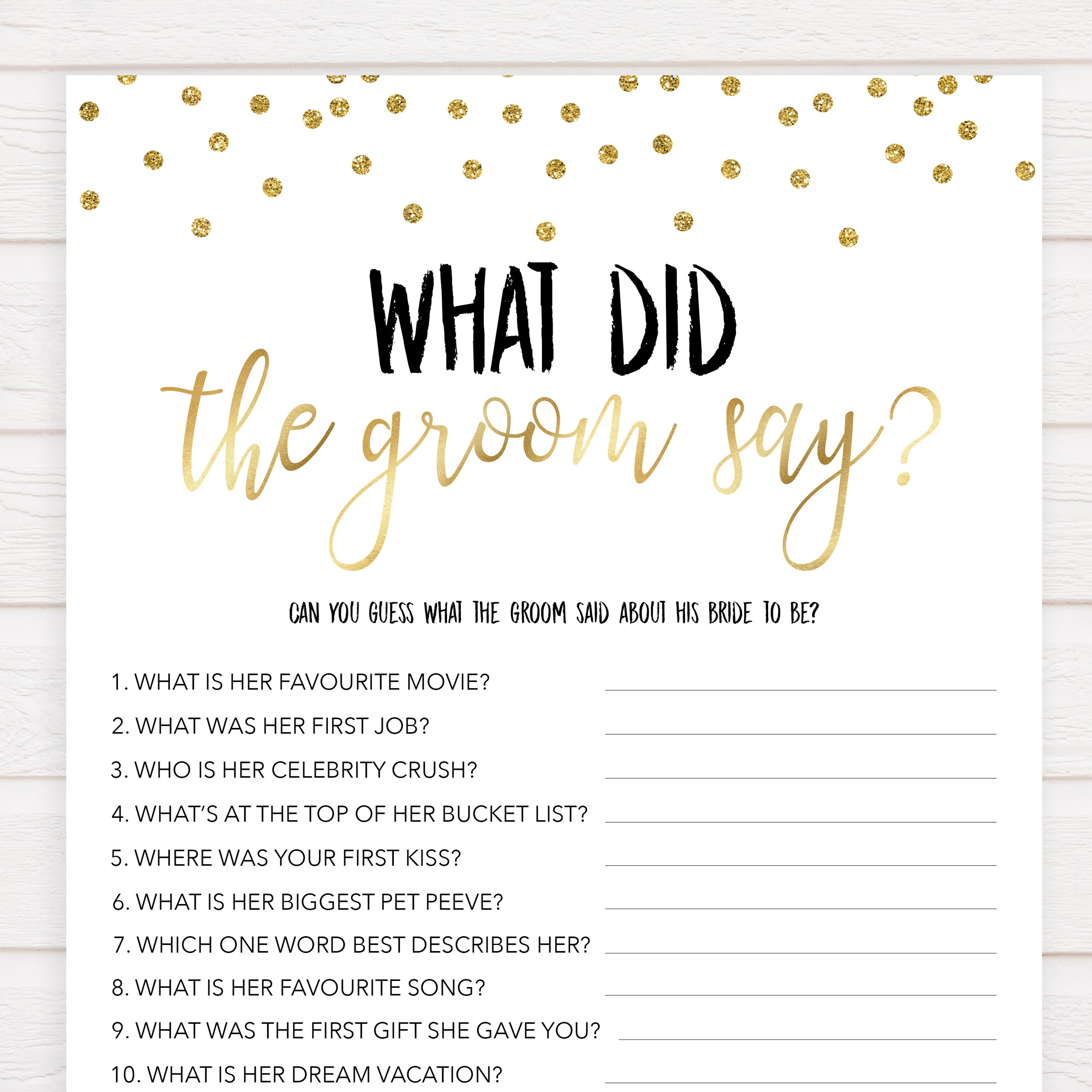 what did the groom say game, Printable bridal shower games, gold glitter bridal shower, gold glitter bridal shower games, fun bridal shower games, bridal shower game ideas, gold glitter bridal shower