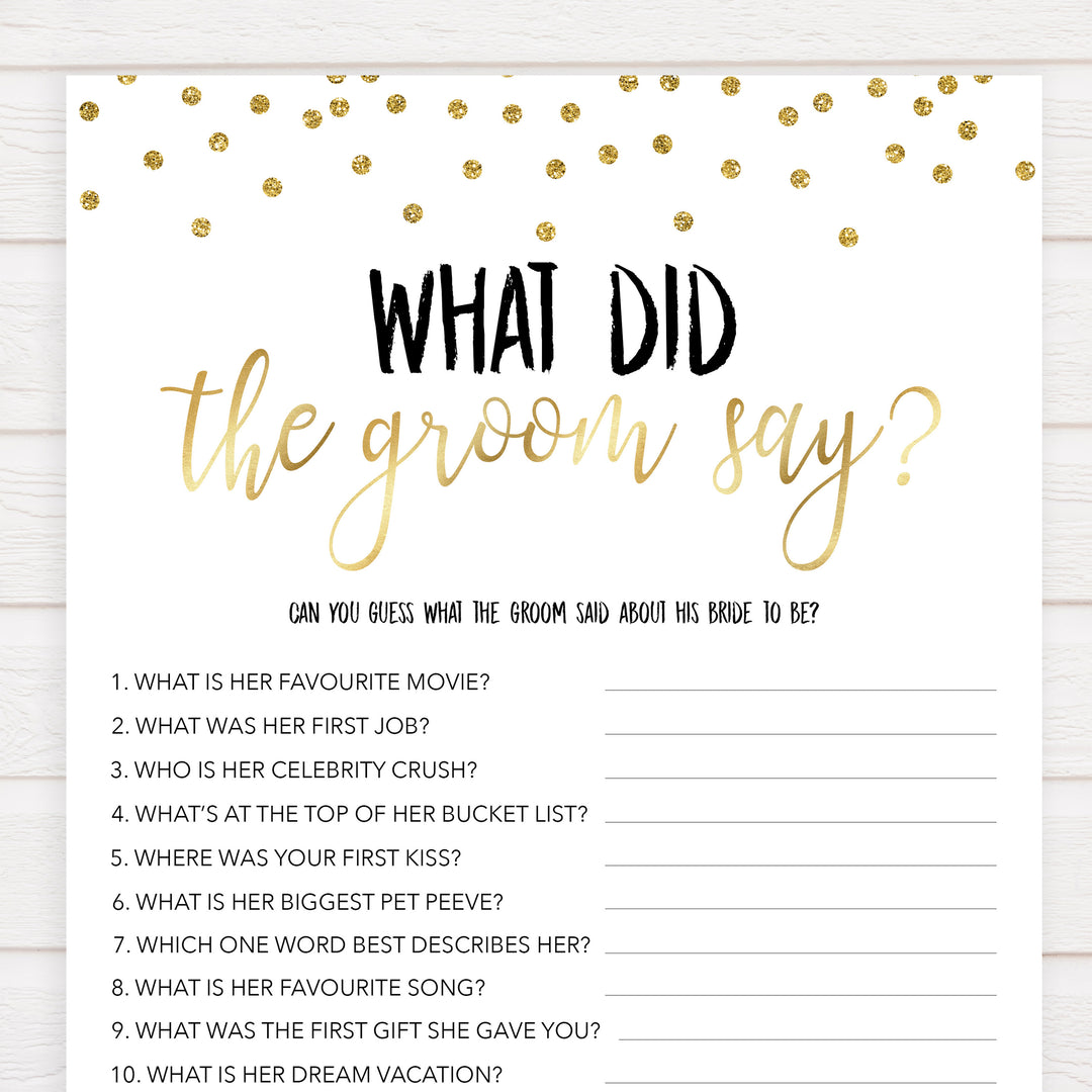 what did the groom say game, Printable bridal shower games, gold glitter bridal shower, gold glitter bridal shower games, fun bridal shower games, bridal shower game ideas, gold glitter bridal shower