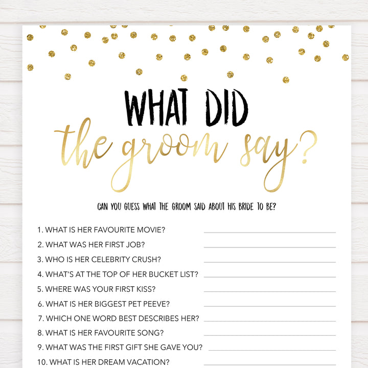 what did the groom say game, Printable bridal shower games, gold glitter bridal shower, gold glitter bridal shower games, fun bridal shower games, bridal shower game ideas, gold glitter bridal shower