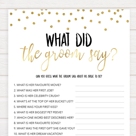 what did the groom say game, Printable bridal shower games, gold glitter bridal shower, gold glitter bridal shower games, fun bridal shower games, bridal shower game ideas, gold glitter bridal shower