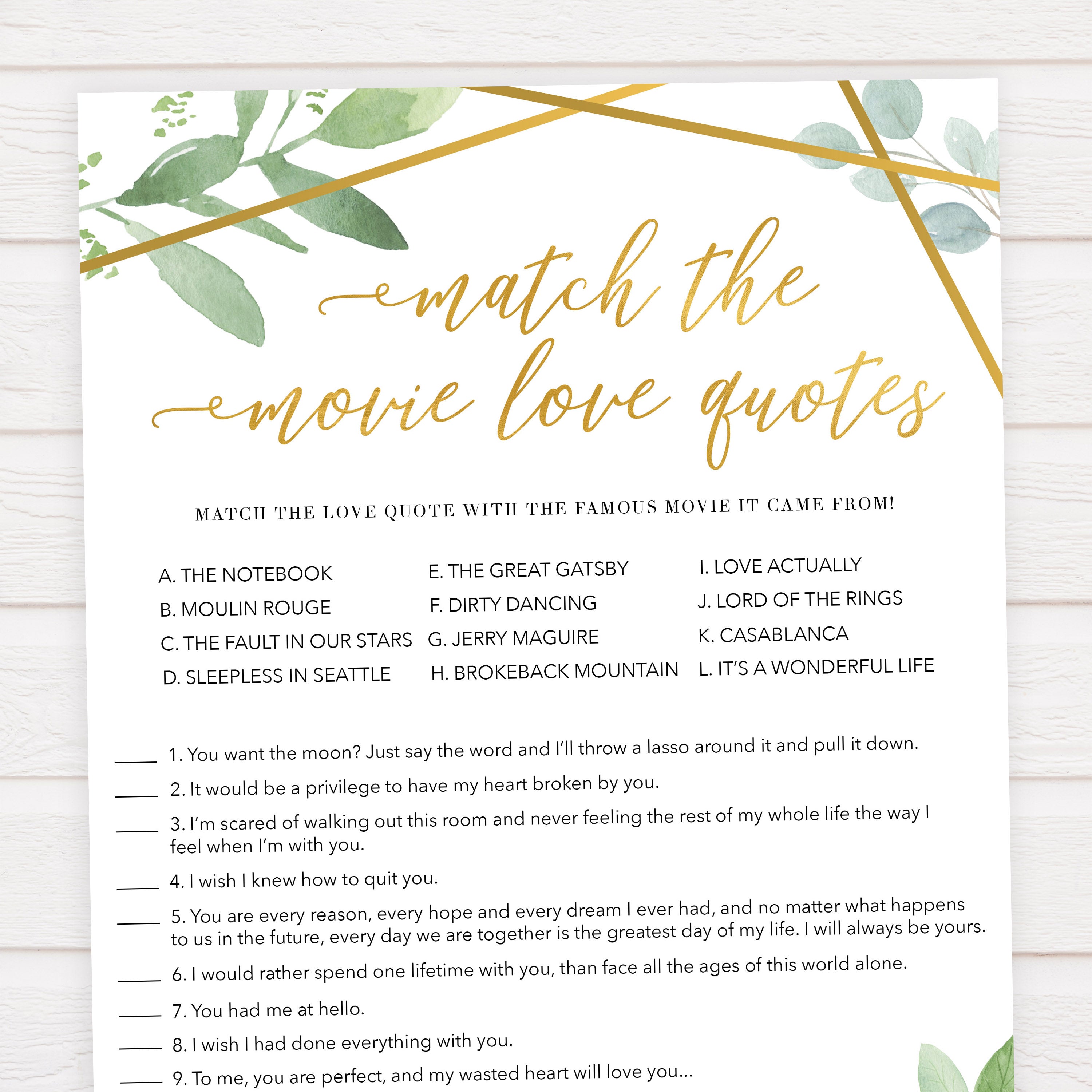match the movie love quote game, printable bridal shower games, floral bridal shower games, gold bridal shower games