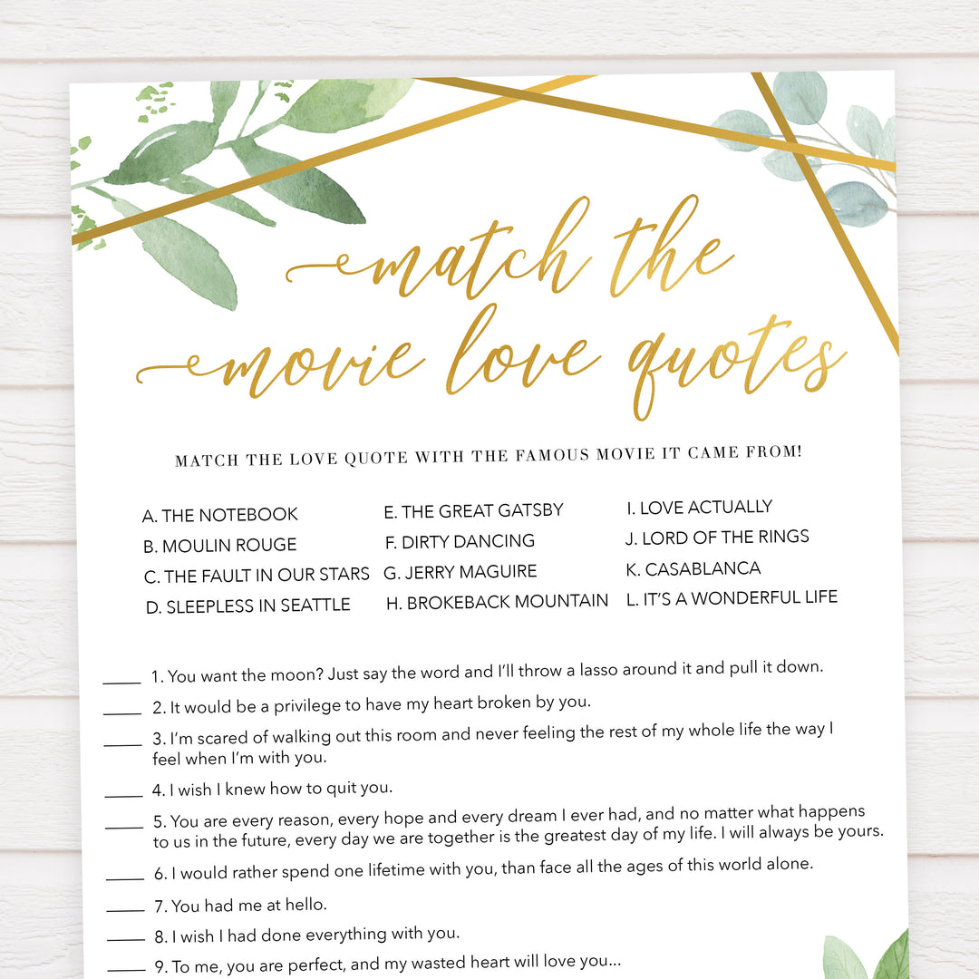match the movie love quote game, printable bridal shower games, floral bridal shower games, gold bridal shower games