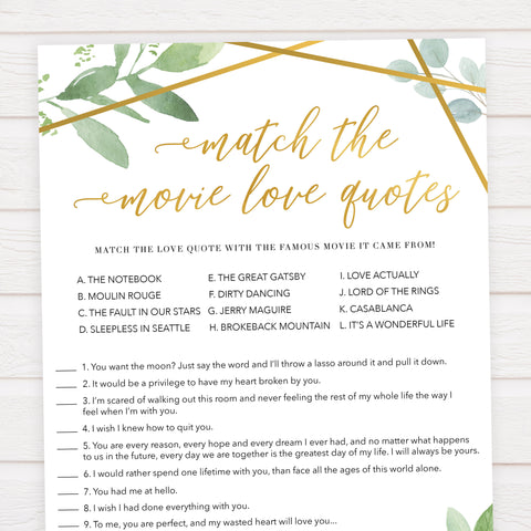 match the movie love quote game, printable bridal shower games, floral bridal shower games, gold bridal shower games