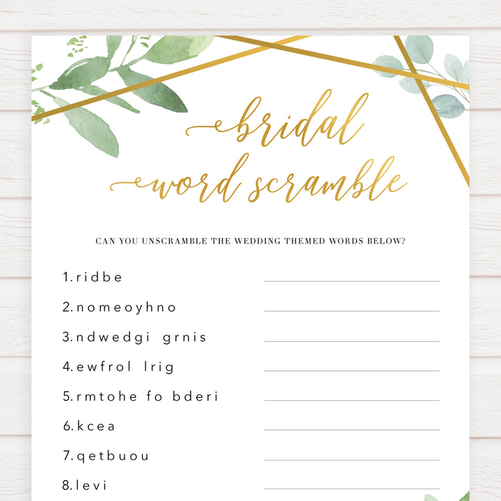 bridal shower word scramble game, printable bridal shower games, fun bridal games, floral bridal shower, gold greenery bridal shower games