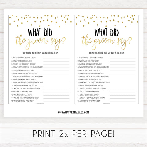 what did the groom say game, Printable bridal shower games, gold glitter bridal shower, gold glitter bridal shower games, fun bridal shower games, bridal shower game ideas, gold glitter bridal shower