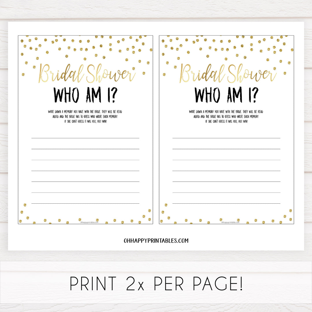 bridal who am i game, Printable bridal shower games, gold glitter bridal shower, gold glitter bridal shower games, fun bridal shower games, bridal shower game ideas, gold glitter bridal shower