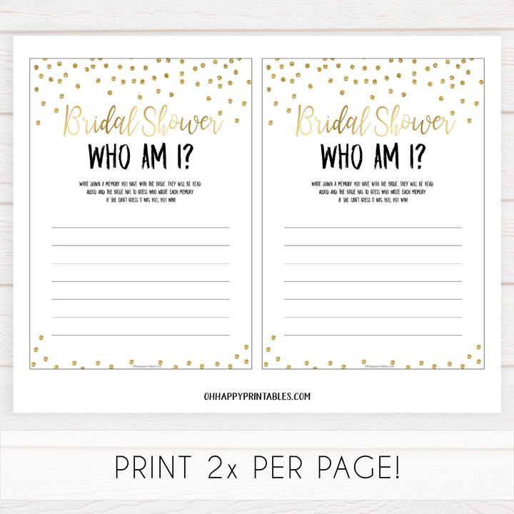 bridal who am i game, Printable bridal shower games, gold glitter bridal shower, gold glitter bridal shower games, fun bridal shower games, bridal shower game ideas, gold glitter bridal shower