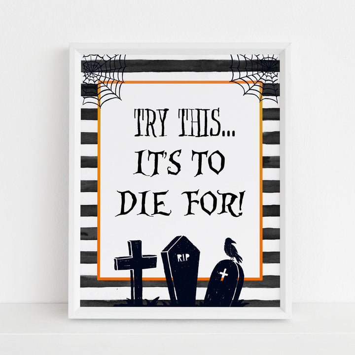 time to die sign, halloween table signs, printable halloween table signs, spooky halloween decor, halloween decor