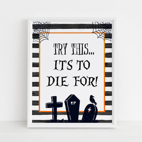 time to die sign, halloween table signs, printable halloween table signs, spooky halloween decor, halloween decor