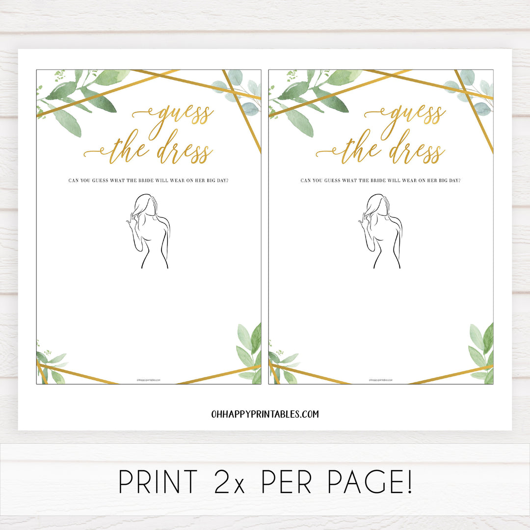 guess the dress bridal shower game, floral bridal shower games, gold bridal shower games, printable bridal games, bridal shower party ideas