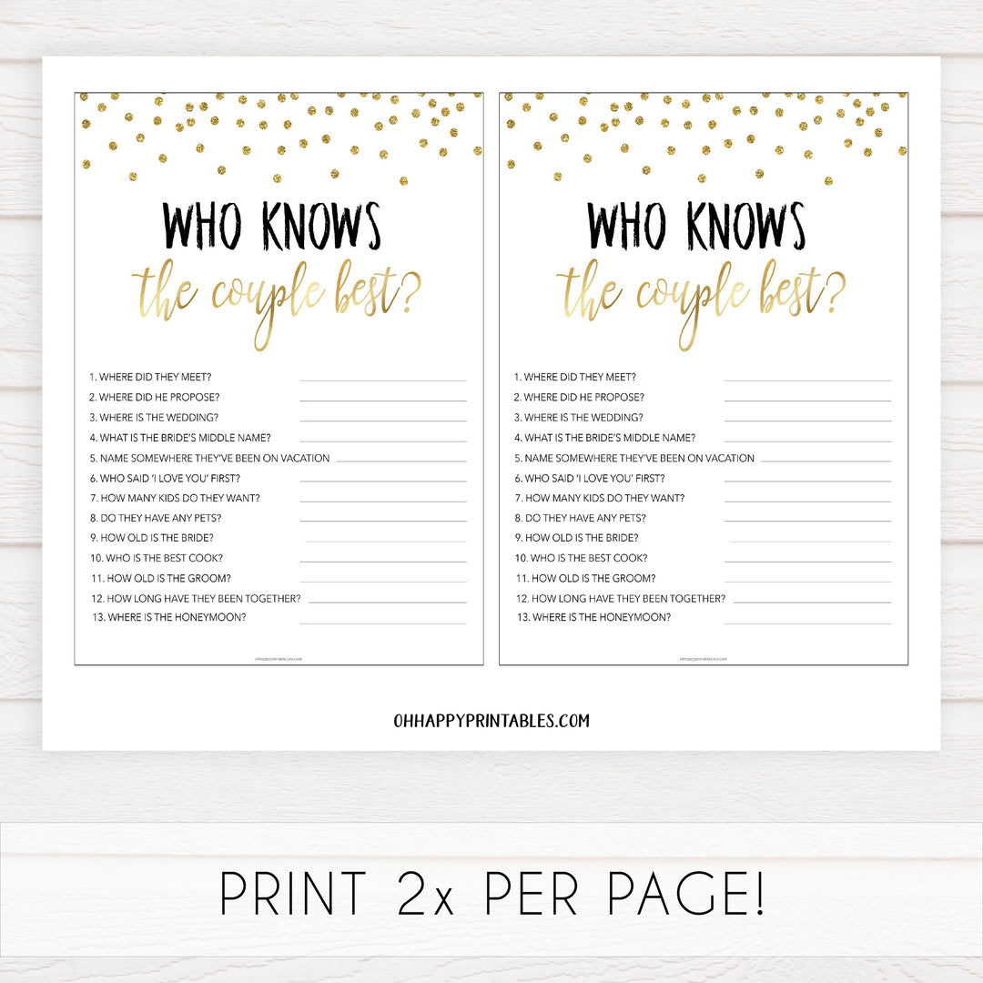 who knows the couple best game, Printable bridal shower games, gold glitter bridal shower, gold glitter bridal shower games, fun bridal shower games, bridal shower game ideas, gold glitter bridal shower