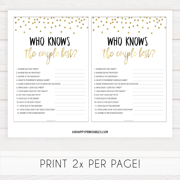 who knows the couple best game, Printable bridal shower games, gold glitter bridal shower, gold glitter bridal shower games, fun bridal shower games, bridal shower game ideas, gold glitter bridal shower