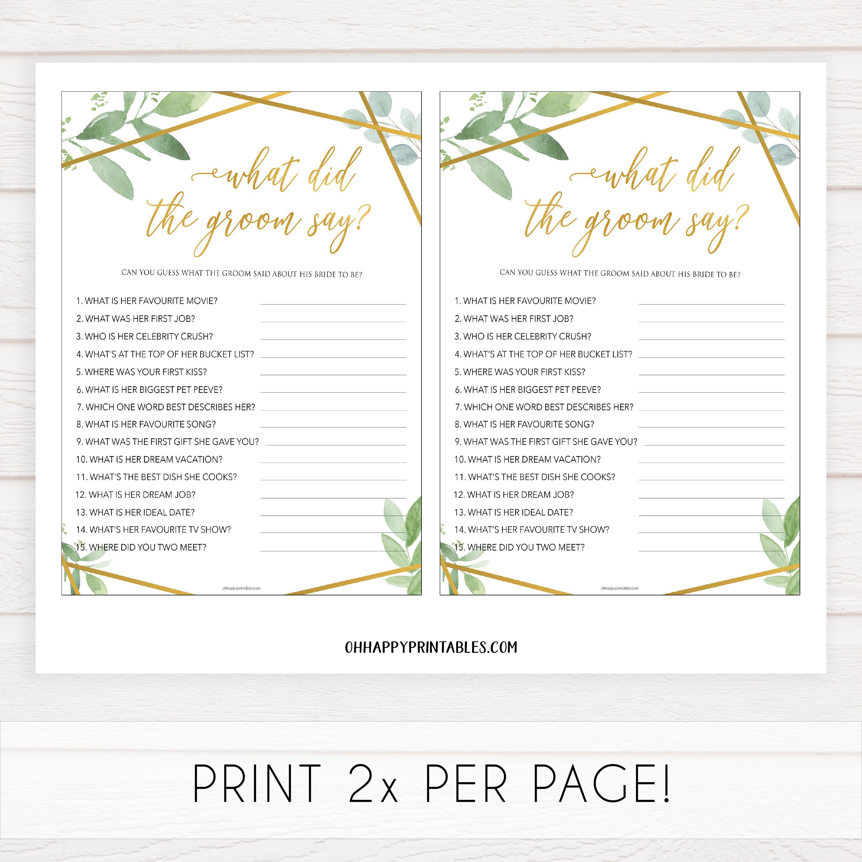 what did the groom say game, bridal shower games, floral bridal shower games, gold bridal shower games, printable baby shower games