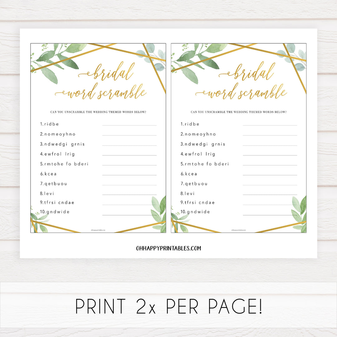 bridal shower word scramble game, printable bridal shower games, fun bridal games, floral bridal shower, gold greenery bridal shower games
