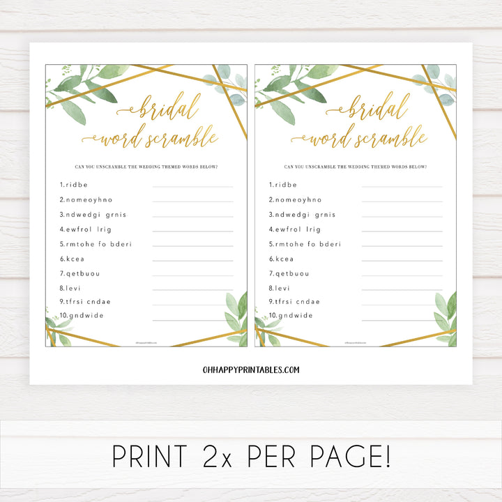 bridal shower word scramble game, printable bridal shower games, fun bridal games, floral bridal shower, gold greenery bridal shower games